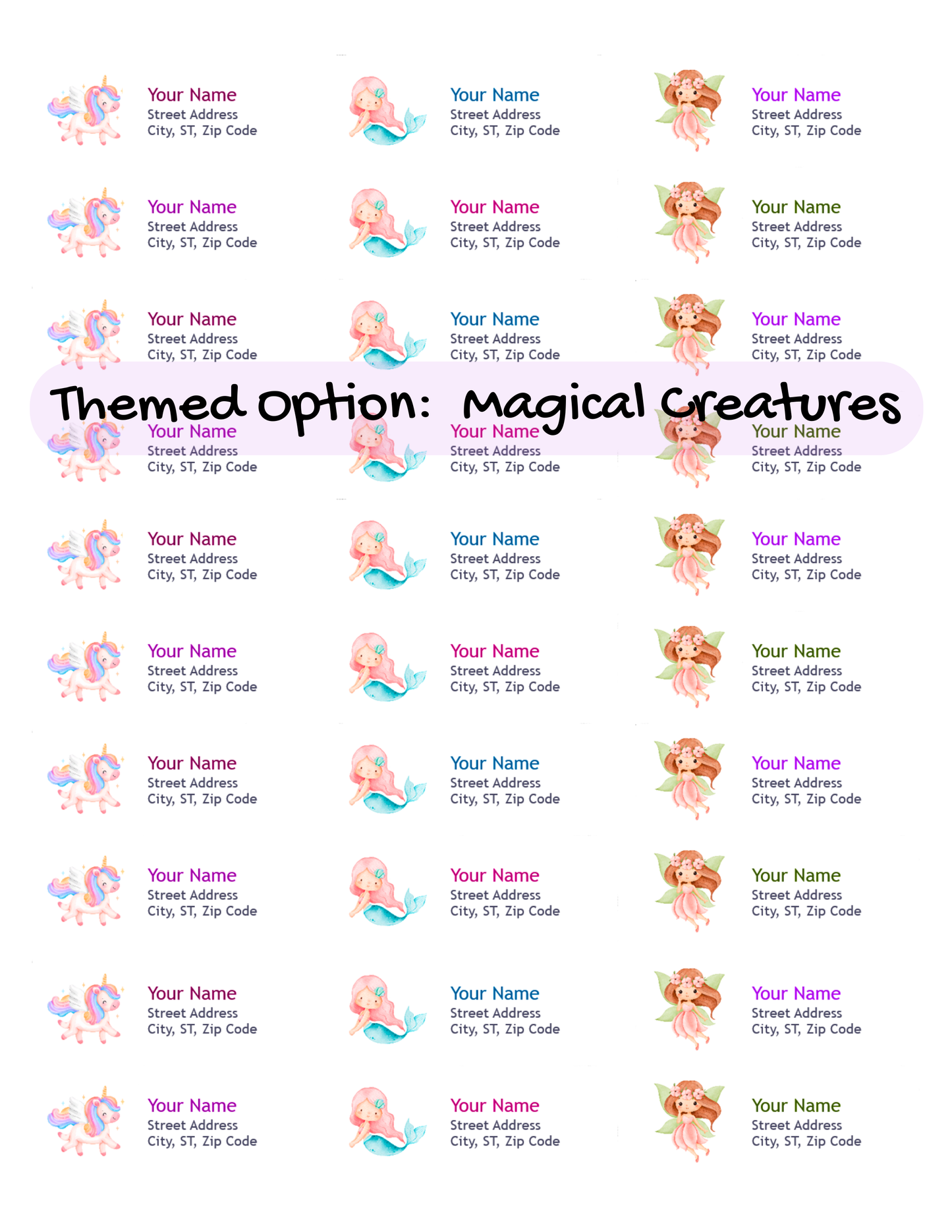 Magical Creatures personalized return address labels for kids, mermaid, unicorn, and fairy theme
