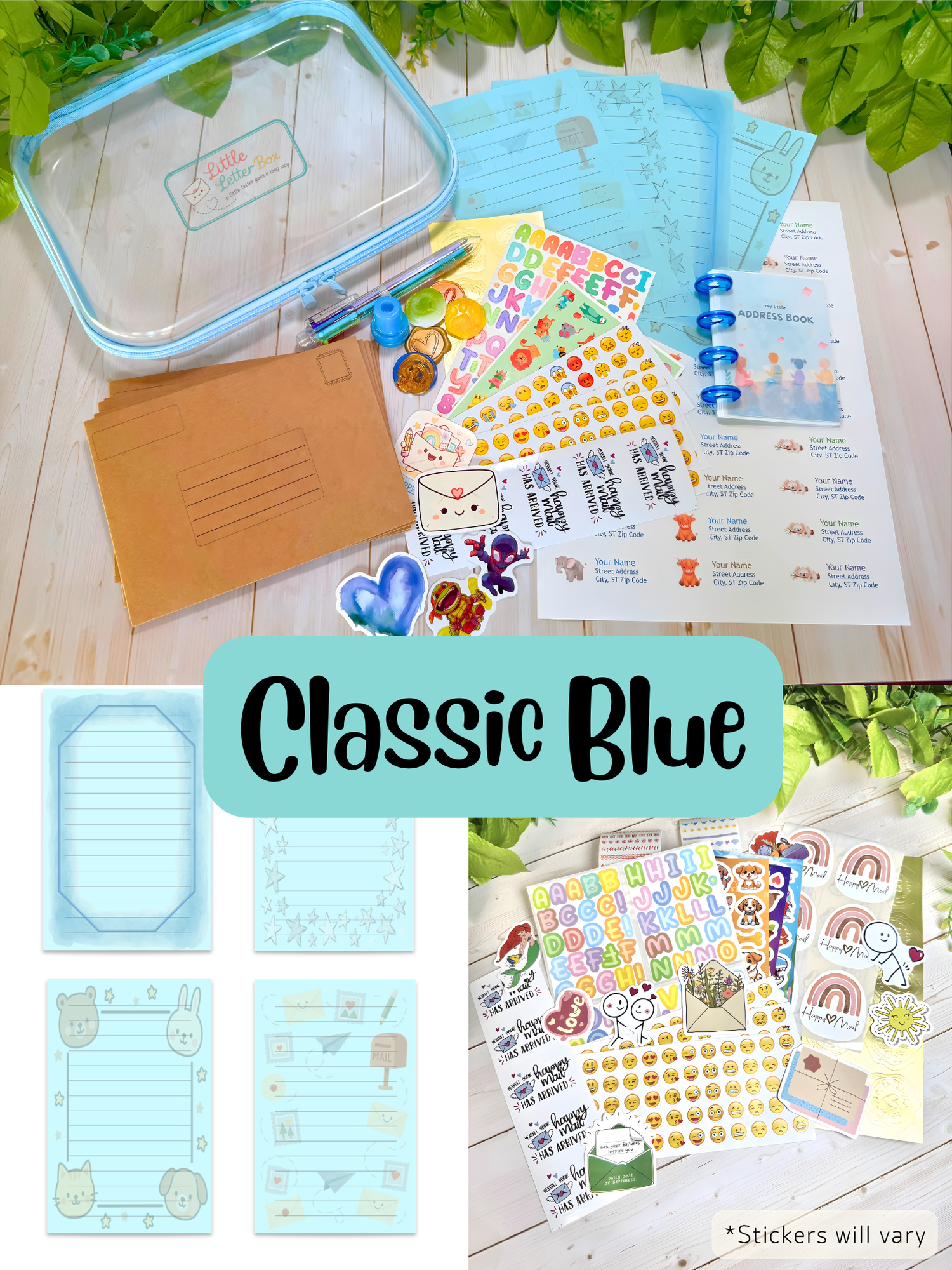 Classic Blue pen pal kit, sky blue stationery and envelopes for kids