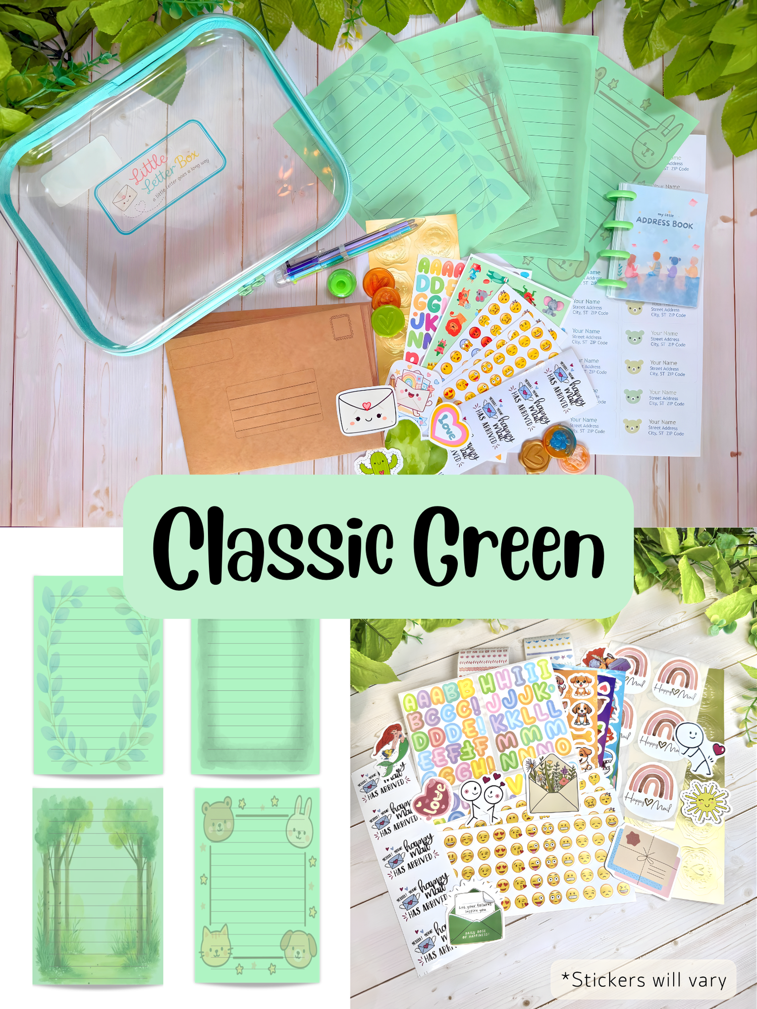 Classic Green pen pal kit, garden green stationery with woodland accents for kids
