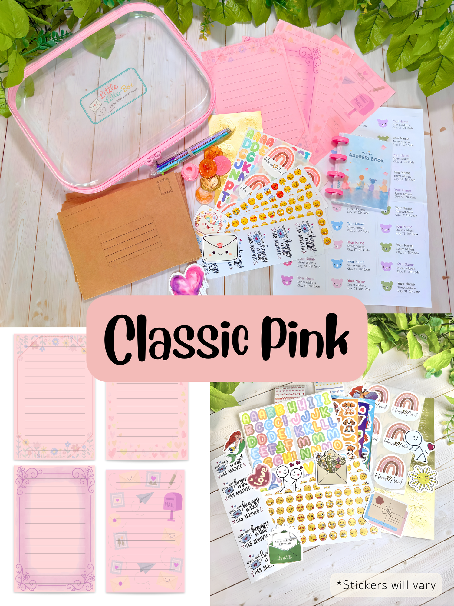 Classic Pink pen pal kit, soft pink floral stationery laid flat with envelopes and stickers