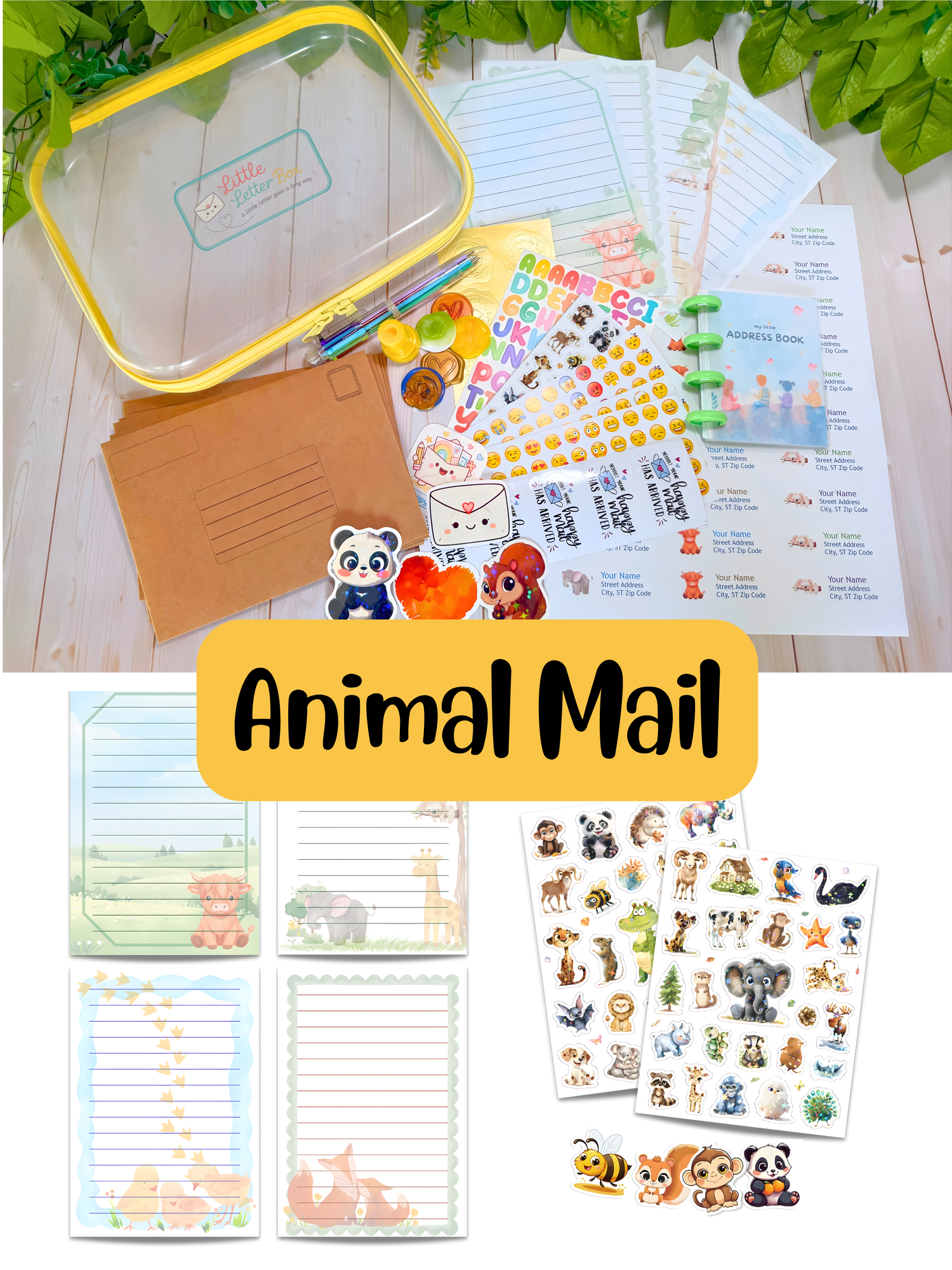 Animal Mail pen pal kit, hand-drawn fox, koala, elephant and giraffe stationery for kids