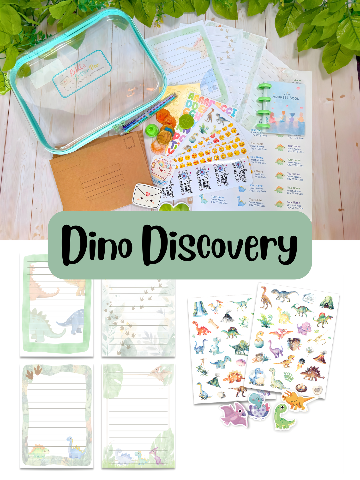 Dino Discovery pen pal kit, dinosaur themed stationery and stickers for kids
