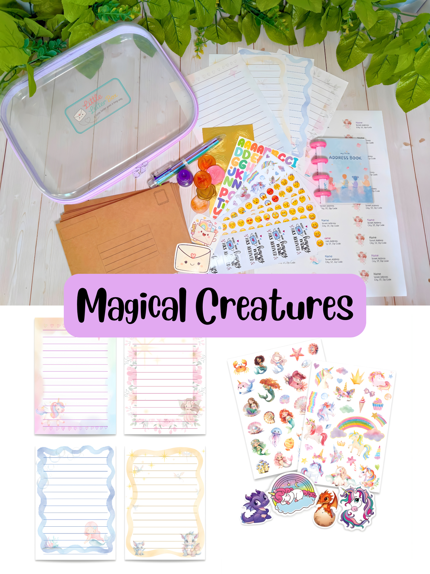 Magical Creatures pen pal kit, unicorn, fairy, mermaid and dragon themed stationery for kids