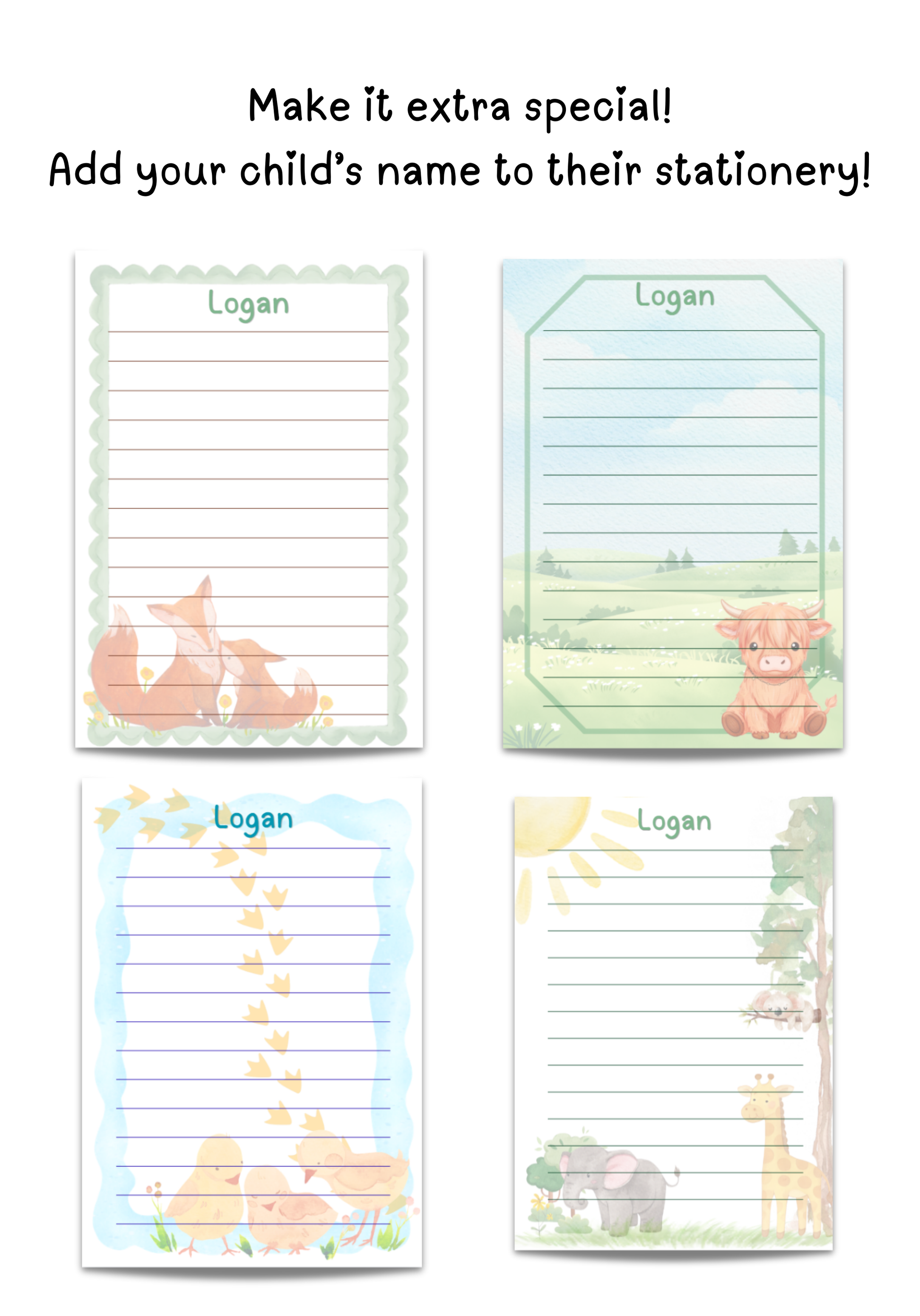 Classic Pink personalized kids stationery set, pen pal refill with hearts and florals