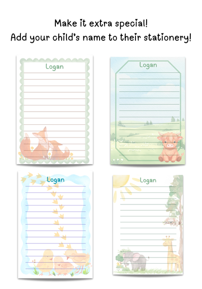 Classic Pink personalized kids stationery set, pen pal refill with hearts and florals