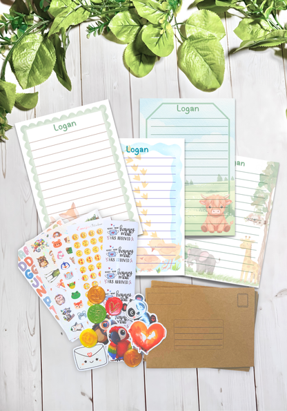 Kids stationery refill set - personalized letter writing paper and envelopes in a themed design