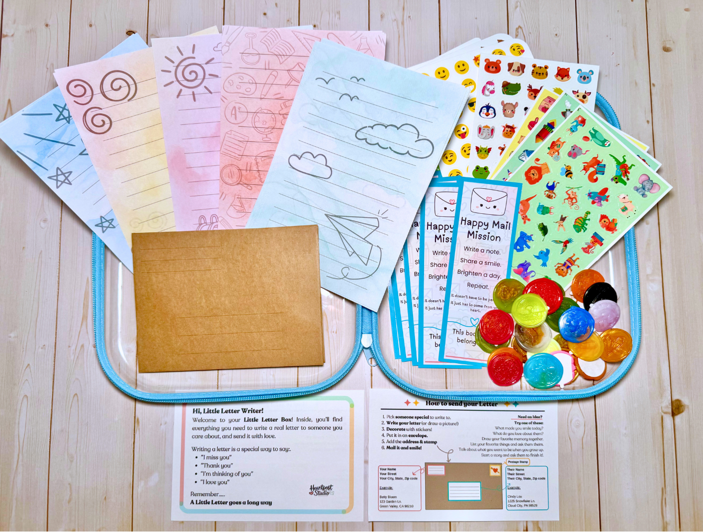 Stationery, envelopes, and stickers from the Little Letter Box Classroom Set