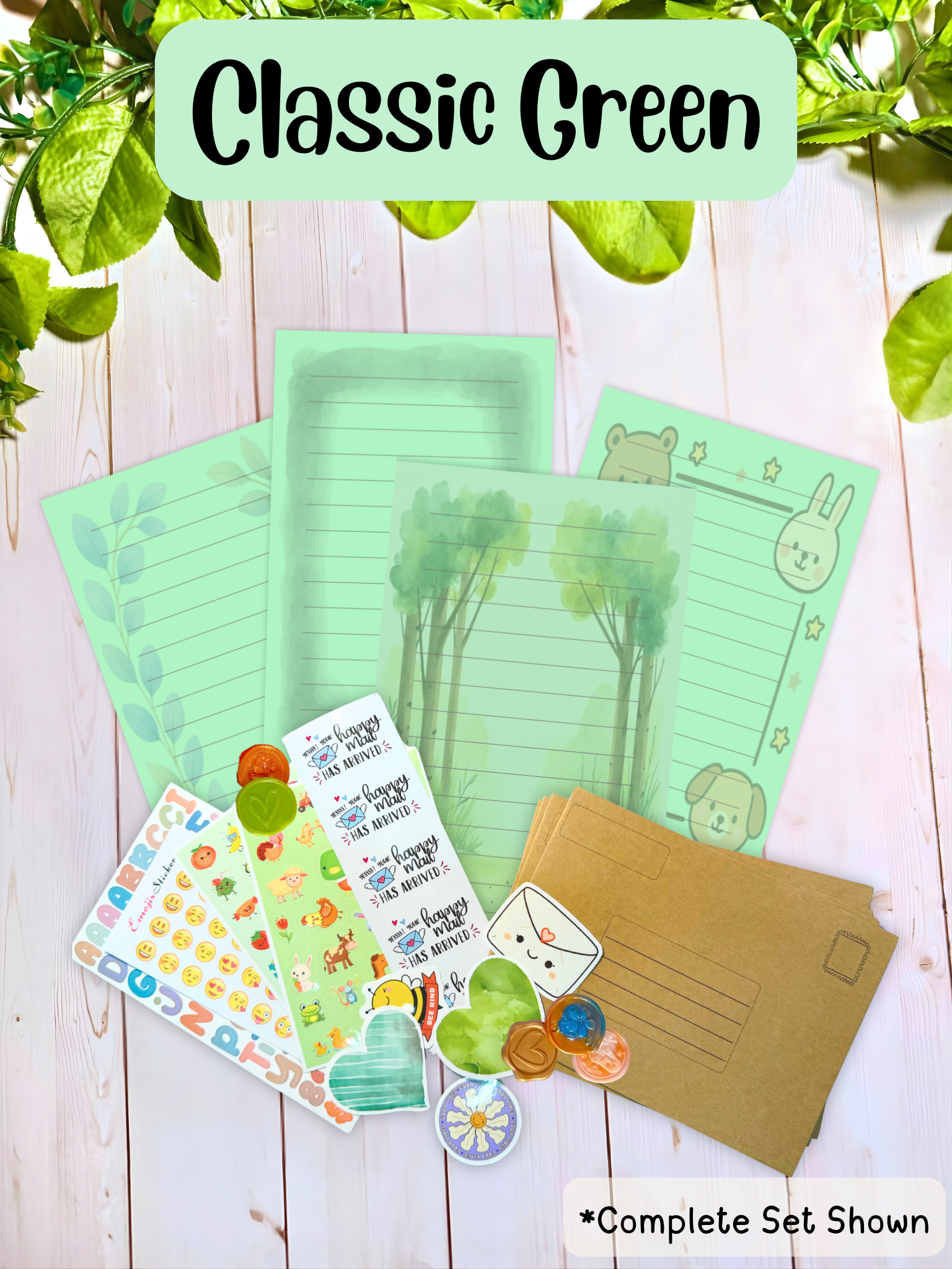 Classic Green colored paper stationery refill set, kids letter writing pen pal kit with garden green theme