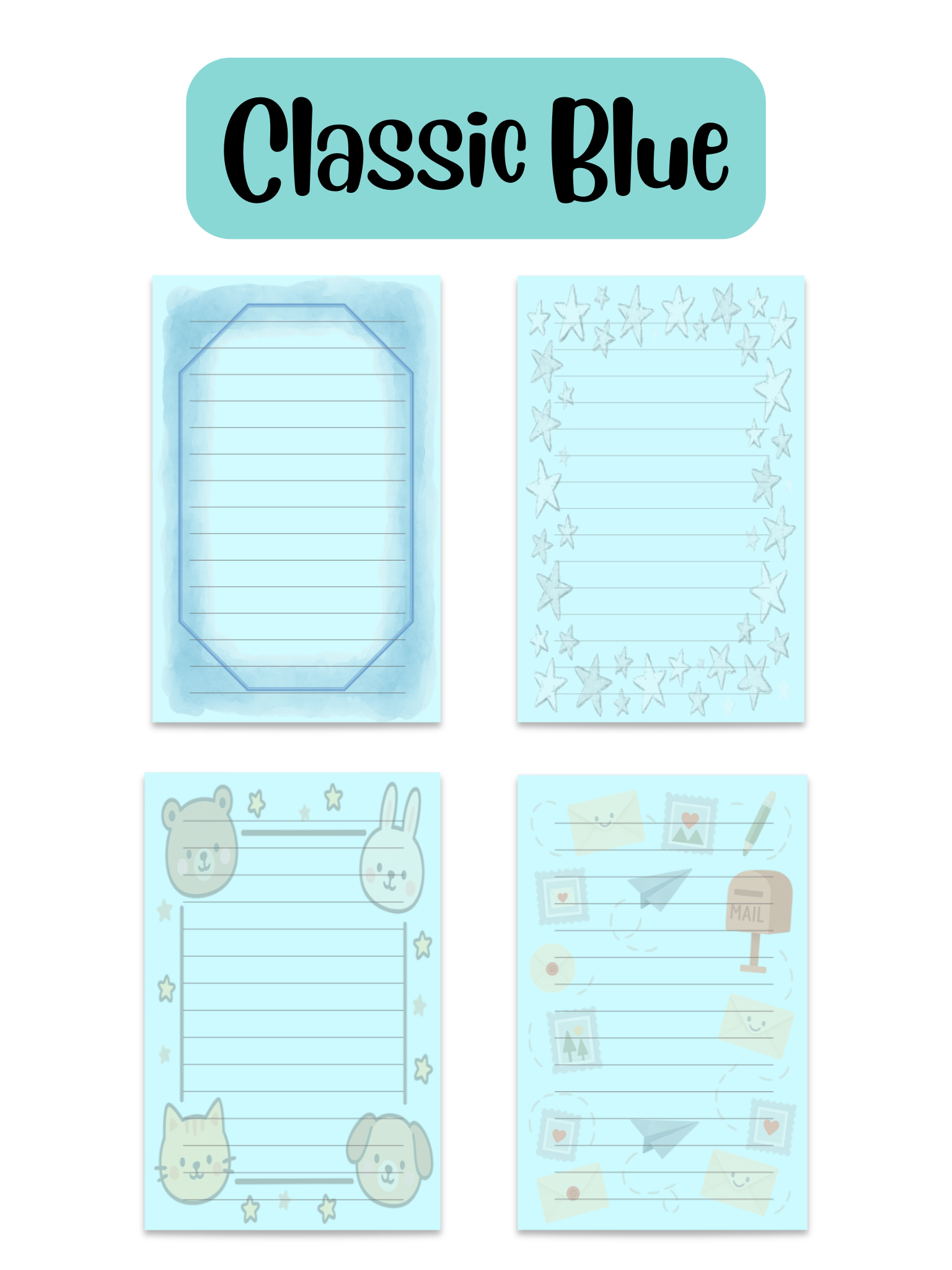 Classic Blue stationery - close-up of letter paper for kids