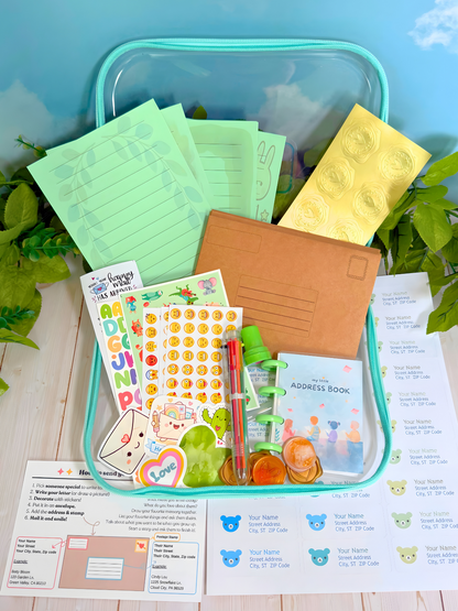 Homeschool Letter Box open layout - homeschool letter writing kit with personalized stationery, stamps, and envelopes