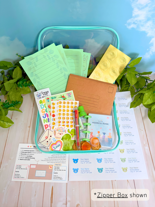 Little Letter Box open layout - kids letter writing kit with personalized stationery, stamps, and envelopes
