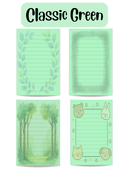 Classic Green stationery - close-up of kids letter writing paper