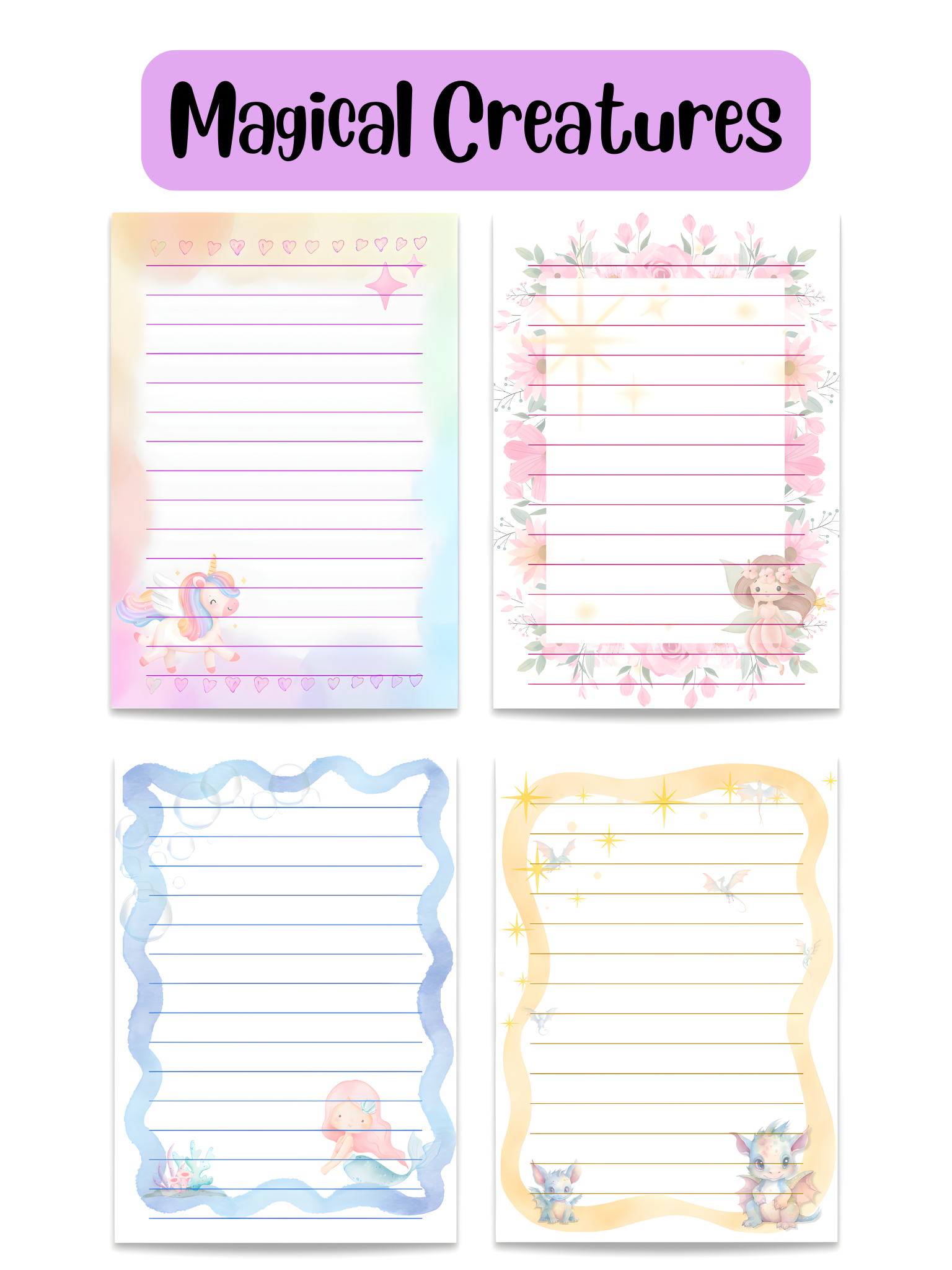 Magical Creatures stationery - close-up of kids letter paper