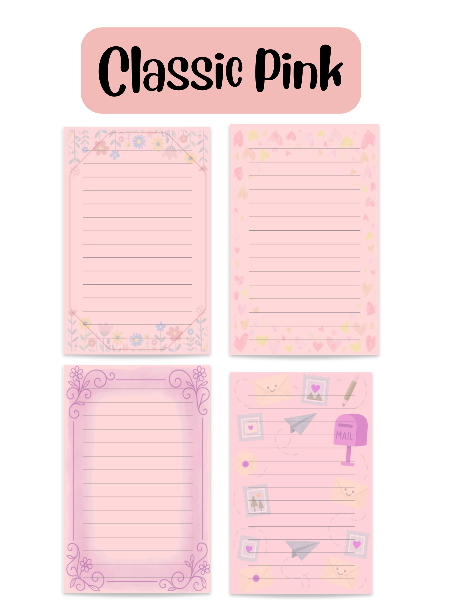 Classic Pink stationery for girls - letter paper close-up