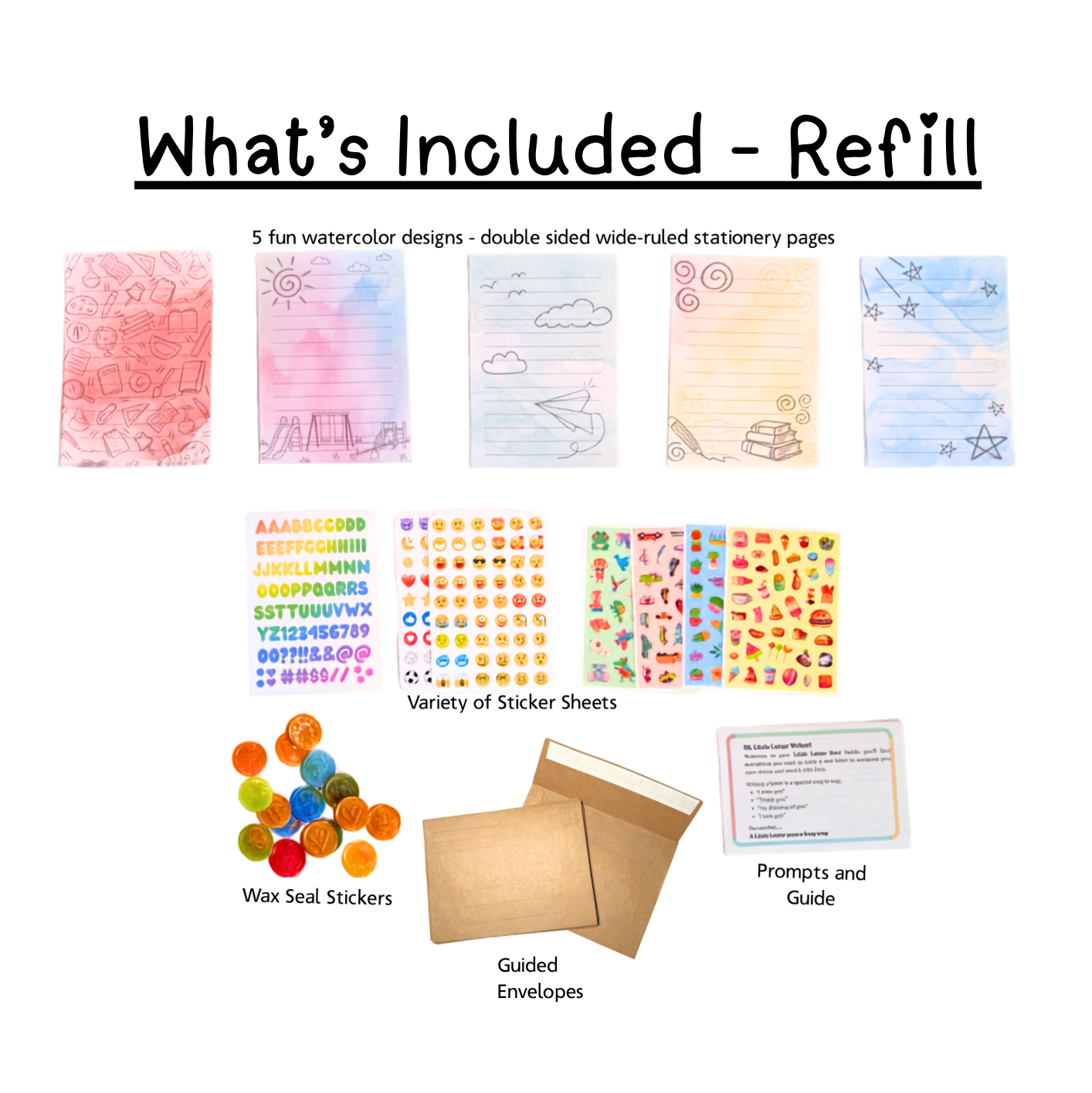 Refill kit content layout with stationery pages, envelopes, stickers, wax seals, and prompt cards