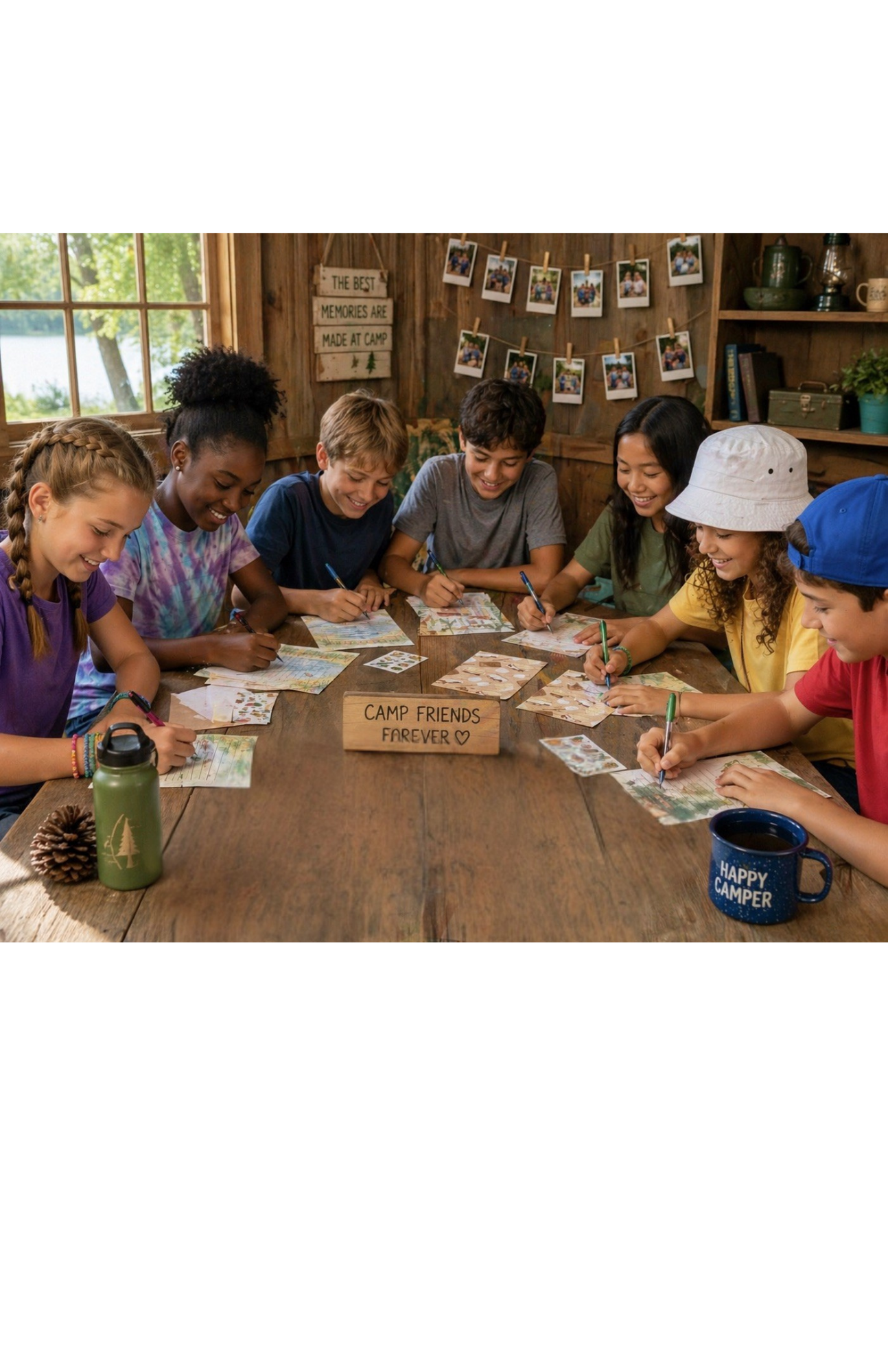 Summer Camp stationery, friends writing letters together