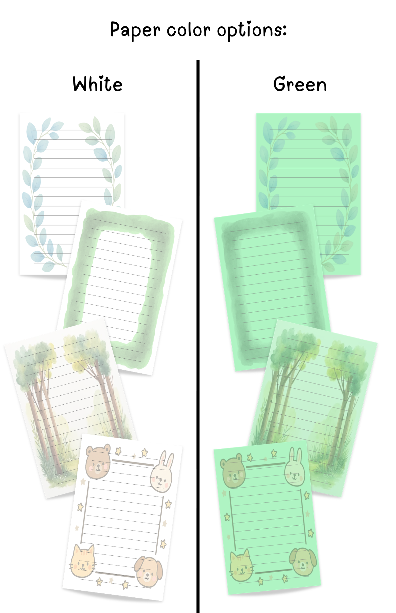 Classic Green stationery refill set on white paper with themed stickers