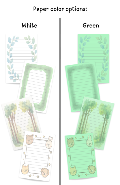 Classic Green stationery refill set on white paper with themed stickers