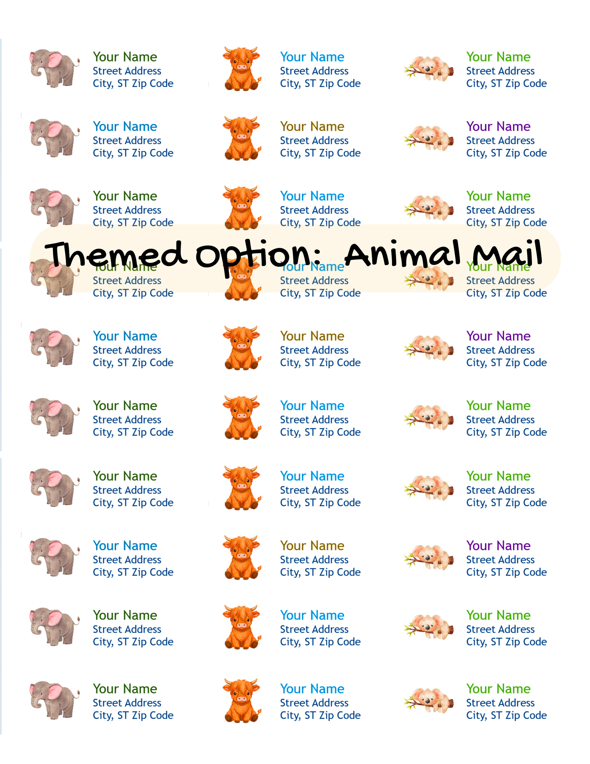 Animal Mail personalized return address labels for kids, elephant, highland cow, and koala theme