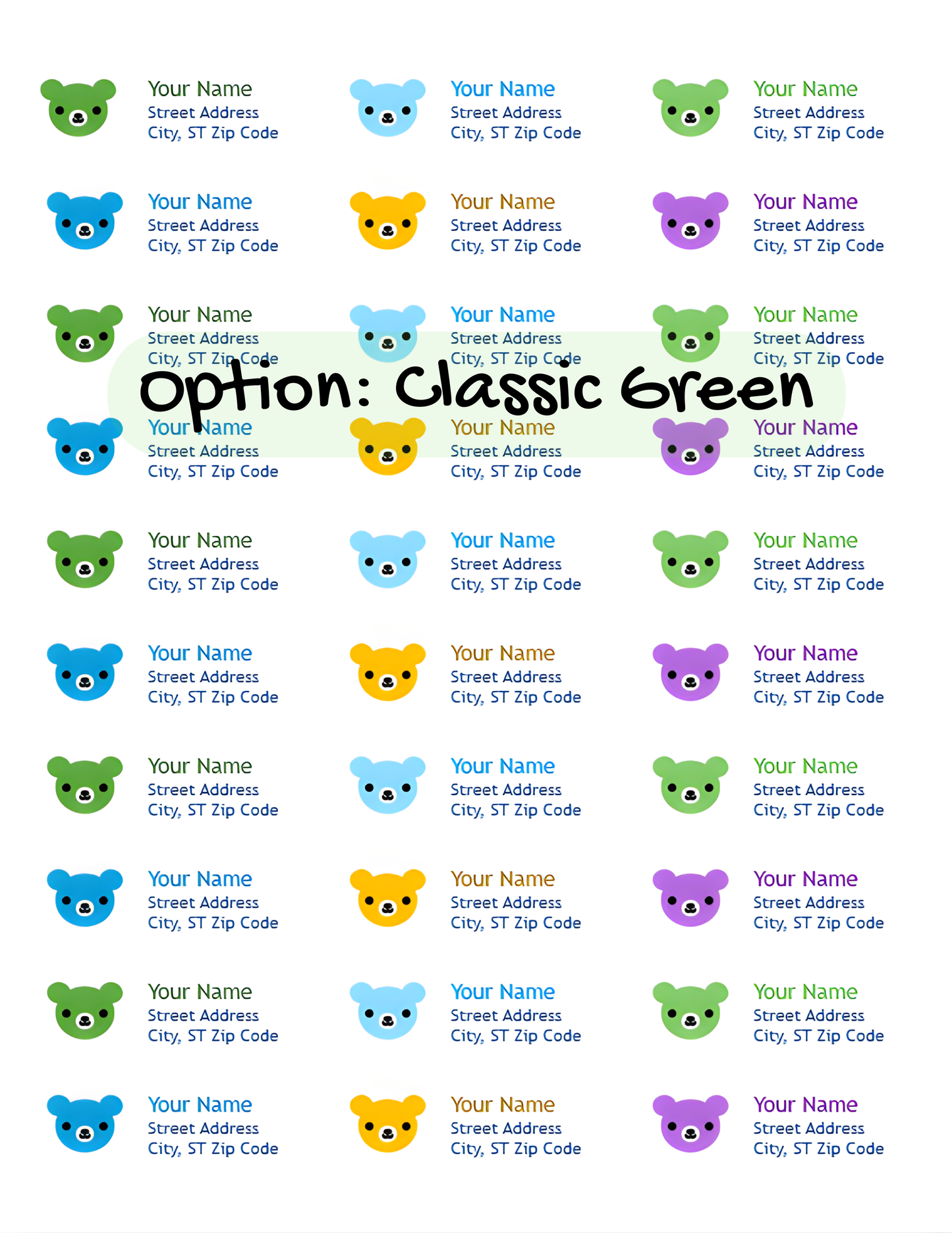 Classic Green personalized return address labels for kids, garden green theme with mail bear