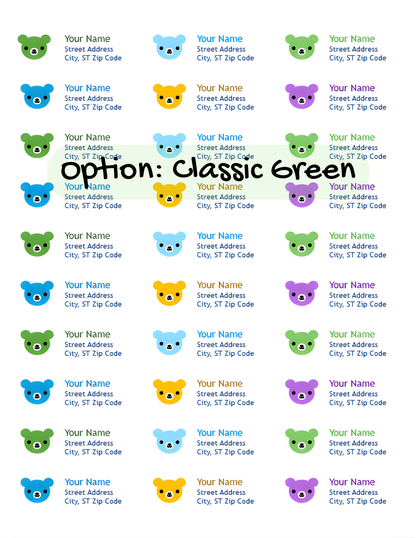 Classic Green personalized return address labels for kids, garden green theme with mail bear
