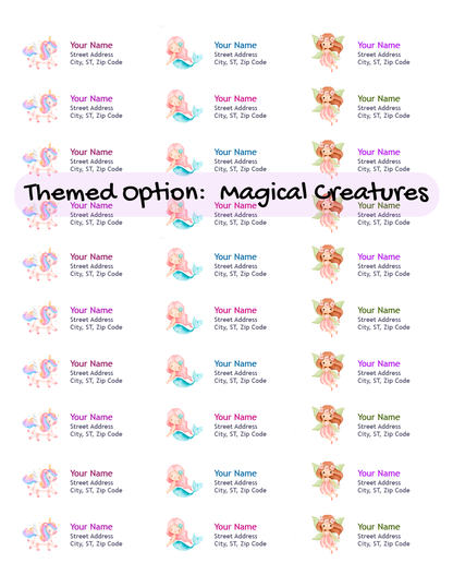Magical Creatures personalized return address labels for kids, mermaid, unicorn, and fairy theme