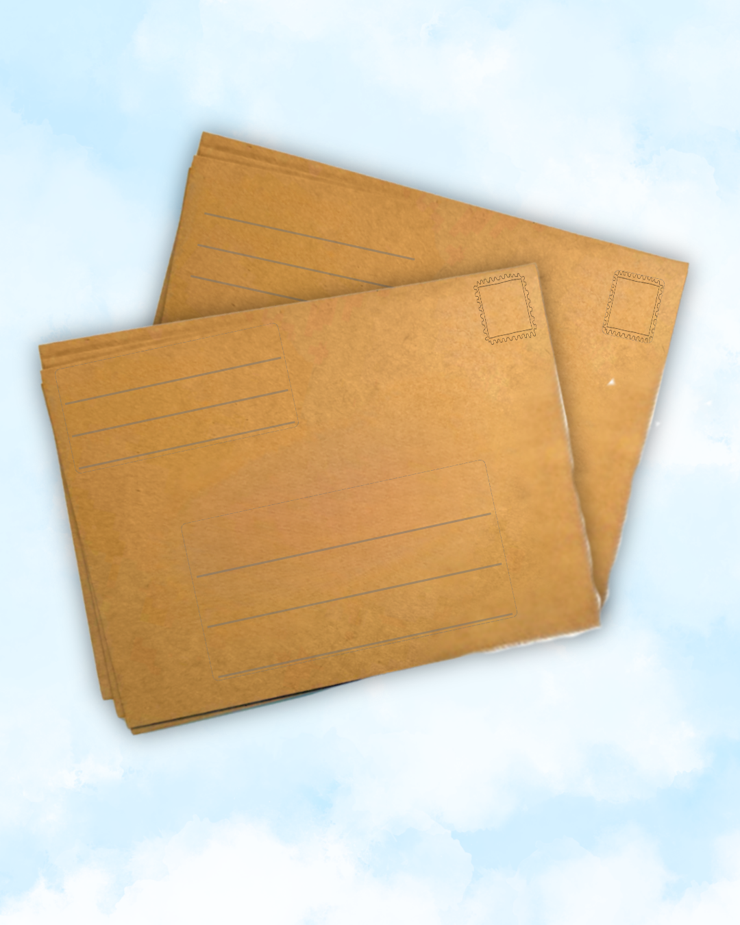 Two kraft guided envelopes with lined spaces for addressing and a stamp corner.
